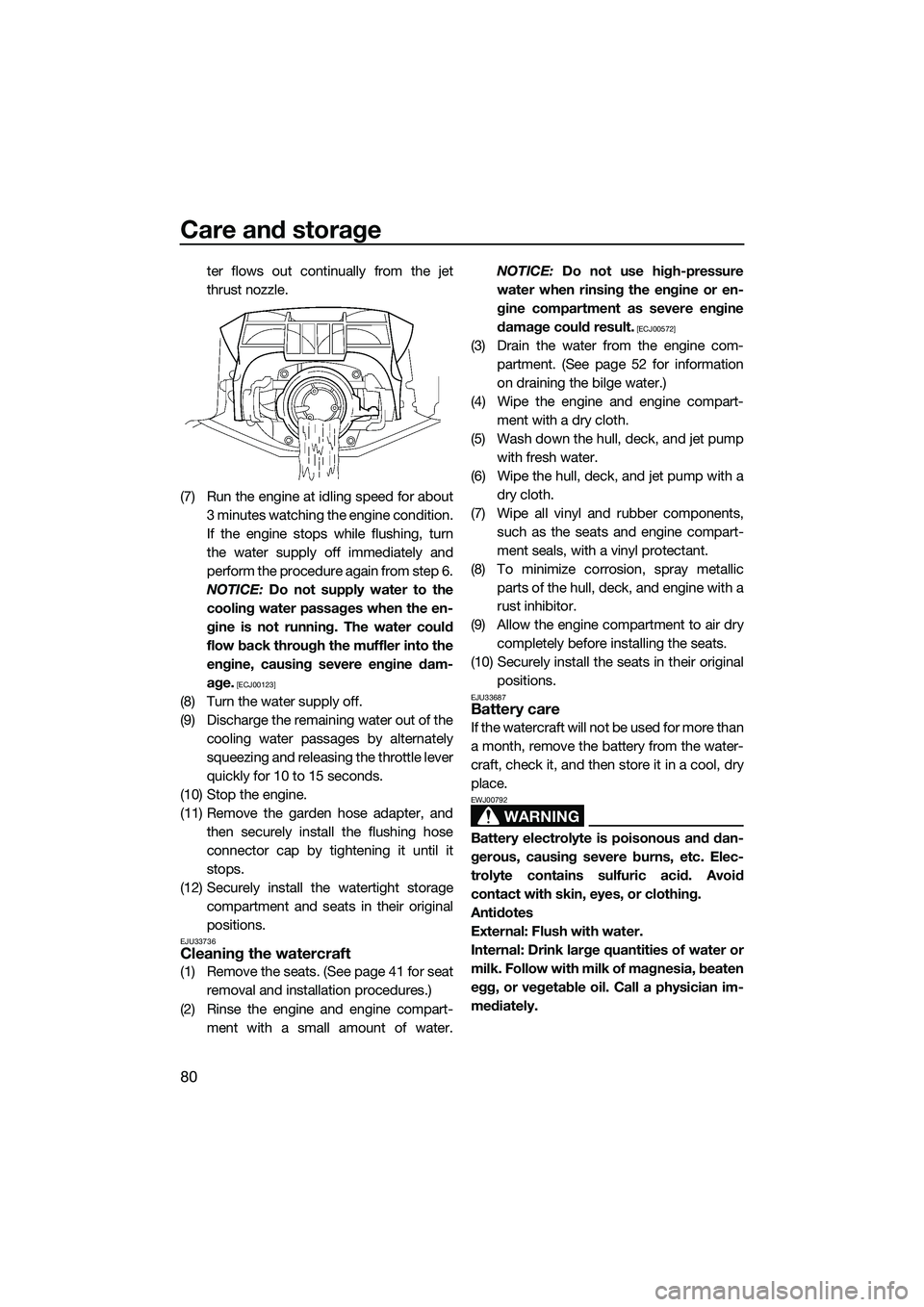 YAMAHA FZS SVHO 2014  Owners Manual Care and storage
80
ter flows out continually from the jet
thrust nozzle.
(7) Run the engine at idling speed for about 3 minutes watching the engine condition.
If the engine stops while flushing, turn