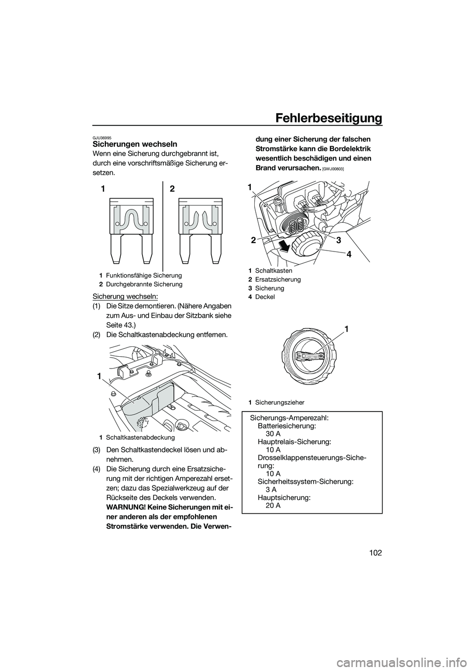 YAMAHA FZS SVHO 2014 Betriebsanleitungen (in German) Fehlerbeseitigung
102
GJU36995Sicherungen wechseln
Wenn eine Sicherung durchgebrannt ist,
durch eine vorschriftsmäßige Sicherung er-
setzen.
Sicherung wechseln:
(1) Die Sitze demontieren. (Nähere YAMAHA FZS SVHO 2014 Betriebsanleitungen (in German) Fehlerbeseitigung
102
GJU36995Sicherungen wechseln
Wenn eine Sicherung durchgebrannt ist,
durch eine vorschriftsmäßige Sicherung er-
setzen.
Sicherung wechseln:
(1) Die Sitze demontieren. (Nähere
