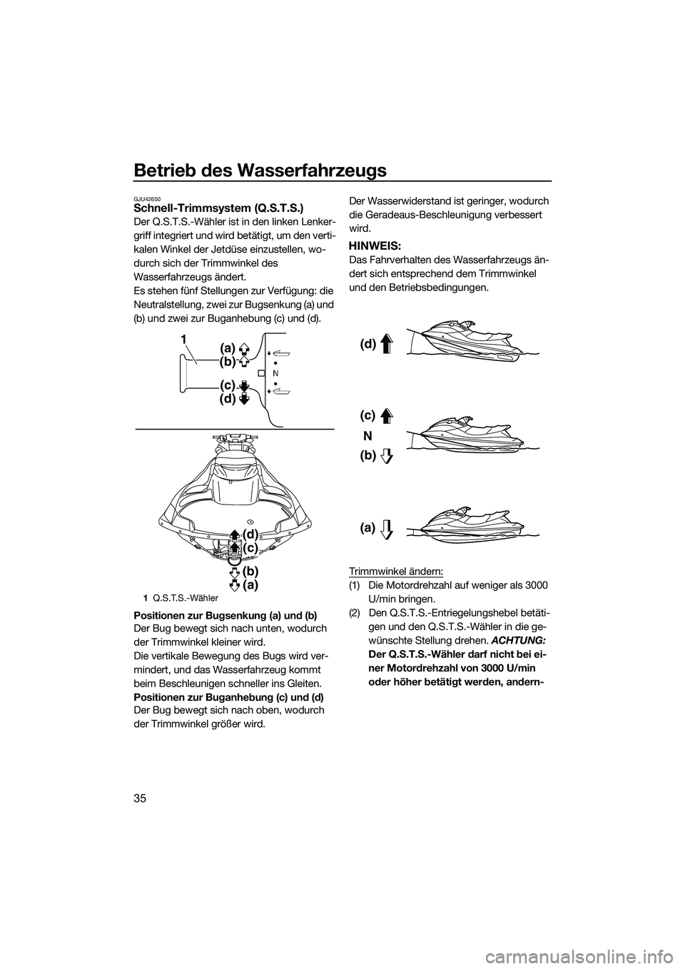 YAMAHA FZS SVHO 2014  Betriebsanleitungen (in German) Betrieb des Wasserfahrzeugs
35
GJU42650Schnell-Trimmsystem (Q.S.T.S.)
Der Q.S.T.S.-Wähler ist in den linken Lenker-
griff integriert und wird betätigt, um den verti-
kalen Winkel der Jetdüse einzus