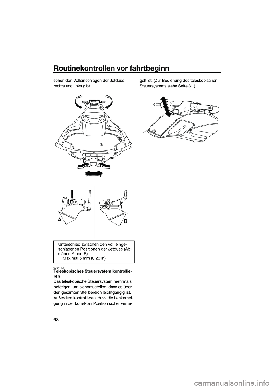 YAMAHA FZS SVHO 2014 Betriebsanleitungen (in German) Routinekontrollen vor fahrtbeginn
63
schen den Volleinschlägen der Jetdüse
rechts und links gibt.
GJU41321Teleskopisches Steuersystem kontrollie-
ren
Das teleskopische Steuersystem mehrmals
betät YAMAHA FZS SVHO 2014 Betriebsanleitungen (in German) Routinekontrollen vor fahrtbeginn
63
schen den Volleinschlägen der Jetdüse
rechts und links gibt.
GJU41321Teleskopisches Steuersystem kontrollie-
ren
Das teleskopische Steuersystem mehrmals
betät