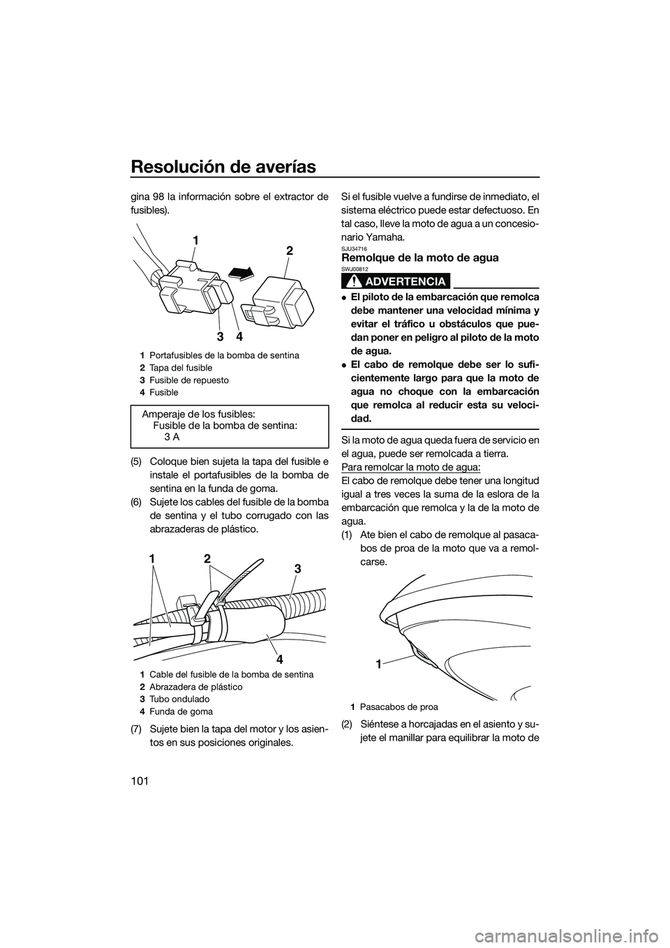 YAMAHA FZS SVHO 2014 Manuale de Empleo (in Spanish) Resolución de averías
101
gina 98 la información sobre el extractor de
fusibles).
(5) Coloque bien sujeta la tapa del fusible einstale el portafusibles de la bomba de
sentina en la funda de goma.
( YAMAHA FZS SVHO 2014 Manuale de Empleo (in Spanish) Resolución de averías
101
gina 98 la información sobre el extractor de
fusibles).
(5) Coloque bien sujeta la tapa del fusible einstale el portafusibles de la bomba de
sentina en la funda de goma.
(