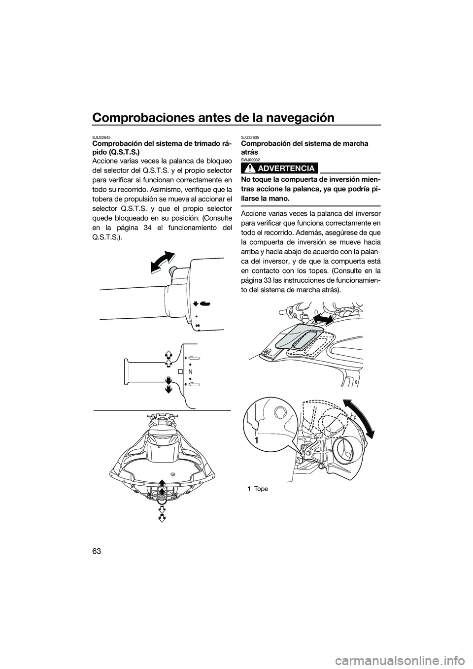 YAMAHA FZS SVHO 2014 Manuale de Empleo (in Spanish) Comprobaciones antes de la navegación
63
SJU32645Comprobación del sistema de trimado rá-
pido (Q.S.T.S.)
Accione varias veces la palanca de bloqueo
del selector del Q.S.T.S. y el propio selector
pa YAMAHA FZS SVHO 2014 Manuale de Empleo (in Spanish) Comprobaciones antes de la navegación
63
SJU32645Comprobación del sistema de trimado rá-
pido (Q.S.T.S.)
Accione varias veces la palanca de bloqueo
del selector del Q.S.T.S. y el propio selector
pa