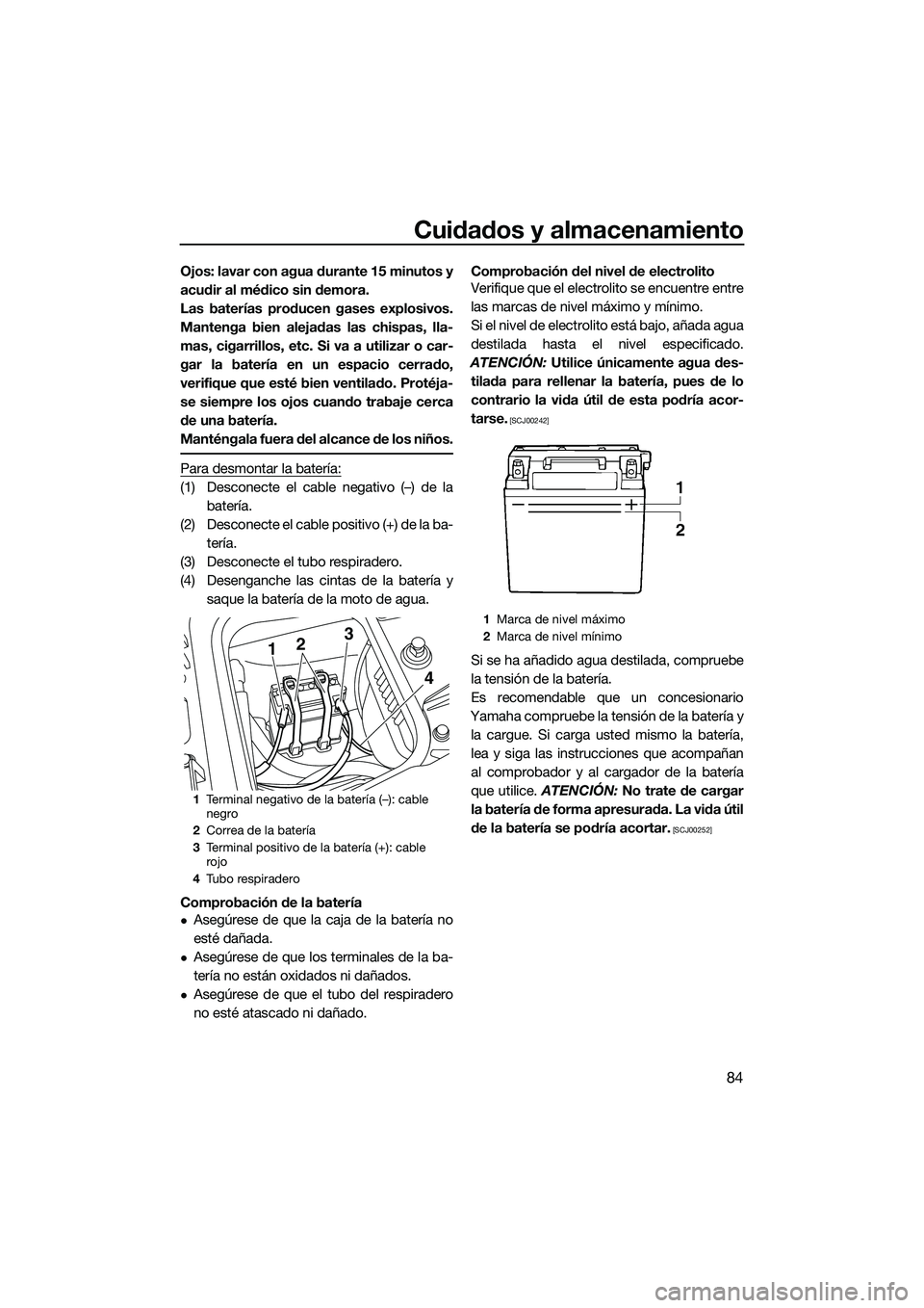 YAMAHA FZS SVHO 2014 Manuale de Empleo (in Spanish) Cuidados y almacenamiento
84
Ojos: lavar con agua durante 15 minutos y
acudir al médico sin demora.
Las baterías producen gases explosivos.
Mantenga bien alejadas las chispas, lla-
mas, cigarrillos, YAMAHA FZS SVHO 2014 Manuale de Empleo (in Spanish) Cuidados y almacenamiento
84
Ojos: lavar con agua durante 15 minutos y
acudir al médico sin demora.
Las baterías producen gases explosivos.
Mantenga bien alejadas las chispas, lla-
mas, cigarrillos,