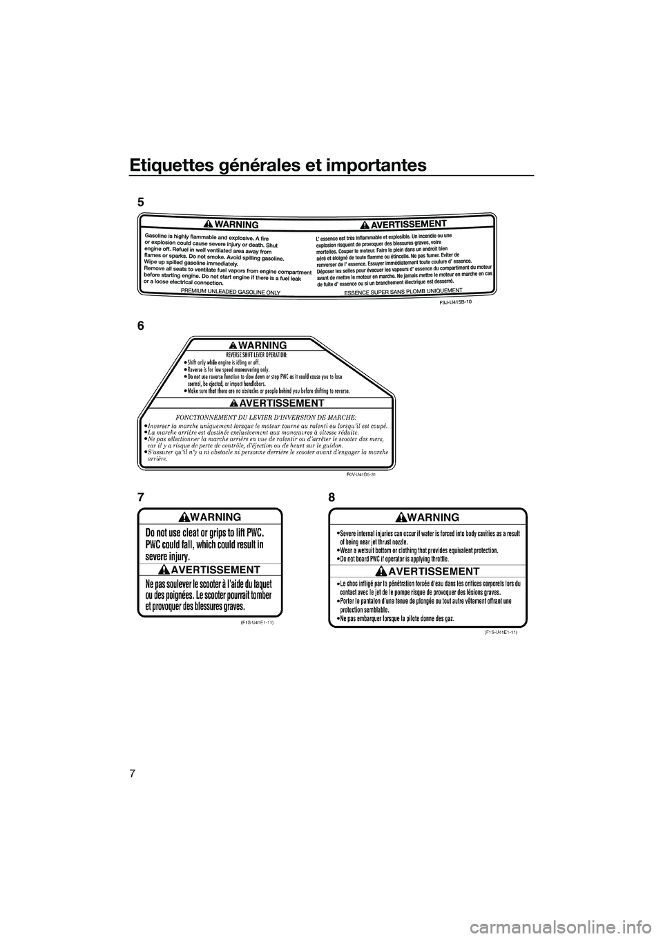 YAMAHA FZS SVHO 2014 Notices Demploi (in French) Etiquettes générales et importantes
7
5
6
78
UF3K70F0.book Page 7 Tuesday, November 5, 2013 4:48 PM YAMAHA FZS SVHO 2014 Notices Demploi (in French) Etiquettes générales et importantes
7
5
6
78
UF3K70F0.book Page 7 Tuesday, November 5, 2013 4:48 PM