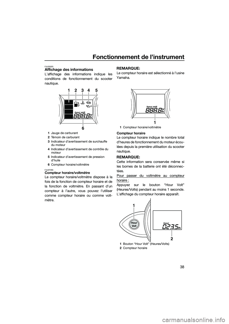 YAMAHA FZS SVHO 2014  Notices Demploi (in French) Fonctionnement de l’instrument
38
FJU35025Affichage des informations
L’affichage des informations indique les
conditions de fonctionnement du scooter
nautique.
FJU37265Compteur horaire/voltmètre

