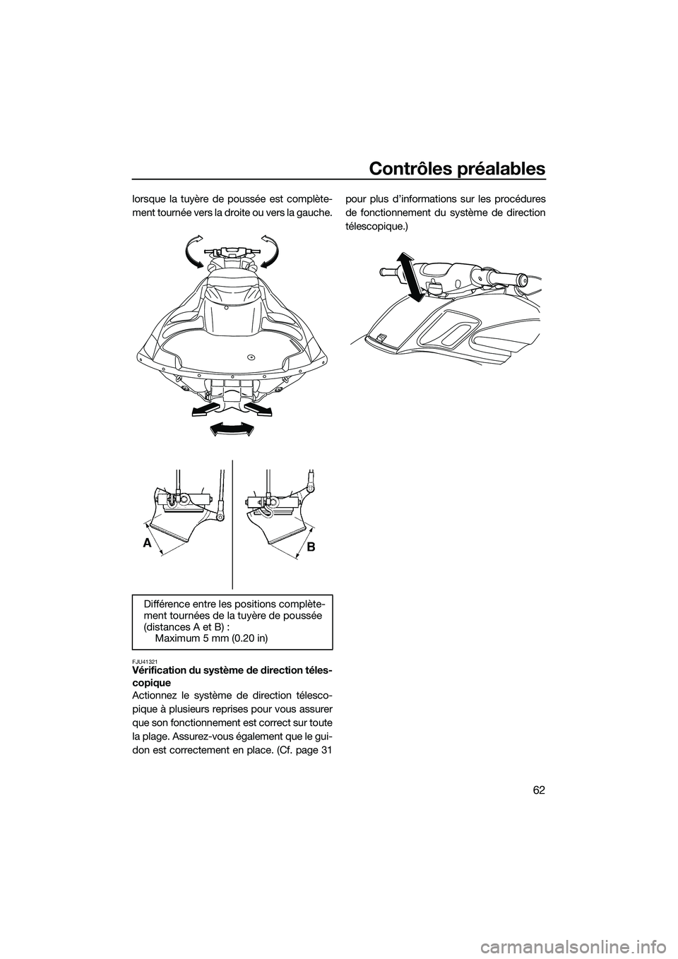 YAMAHA FZS SVHO 2014 Notices Demploi (in French) Contrôles préalables
62
lorsque la tuyère de poussée est complète-
ment tournée vers la droite ou vers la gauche.
FJU41321Vérification du système de direction téles-
copique
Actionnez le syst YAMAHA FZS SVHO 2014 Notices Demploi (in French) Contrôles préalables
62
lorsque la tuyère de poussée est complète-
ment tournée vers la droite ou vers la gauche.
FJU41321Vérification du système de direction téles-
copique
Actionnez le syst