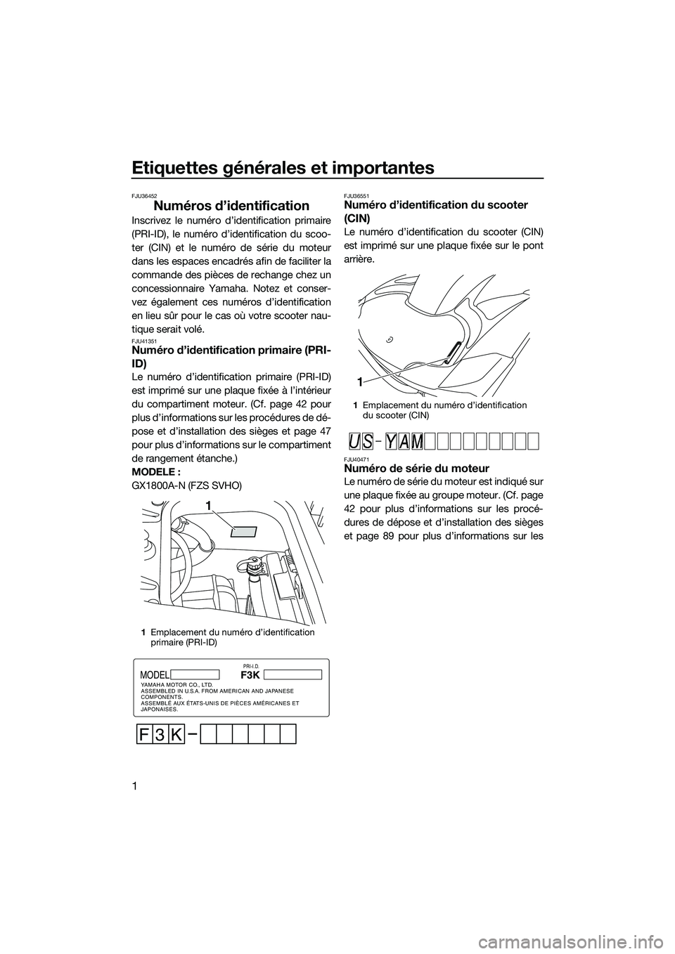 YAMAHA FZS SVHO 2014  Notices Demploi (in French) Etiquettes générales et importantes
1
FJU36452
Numéros d’identification
Inscrivez le numéro d’identification primaire
(PRI-ID), le numéro d’identification du scoo-
ter (CIN) et le numéro d