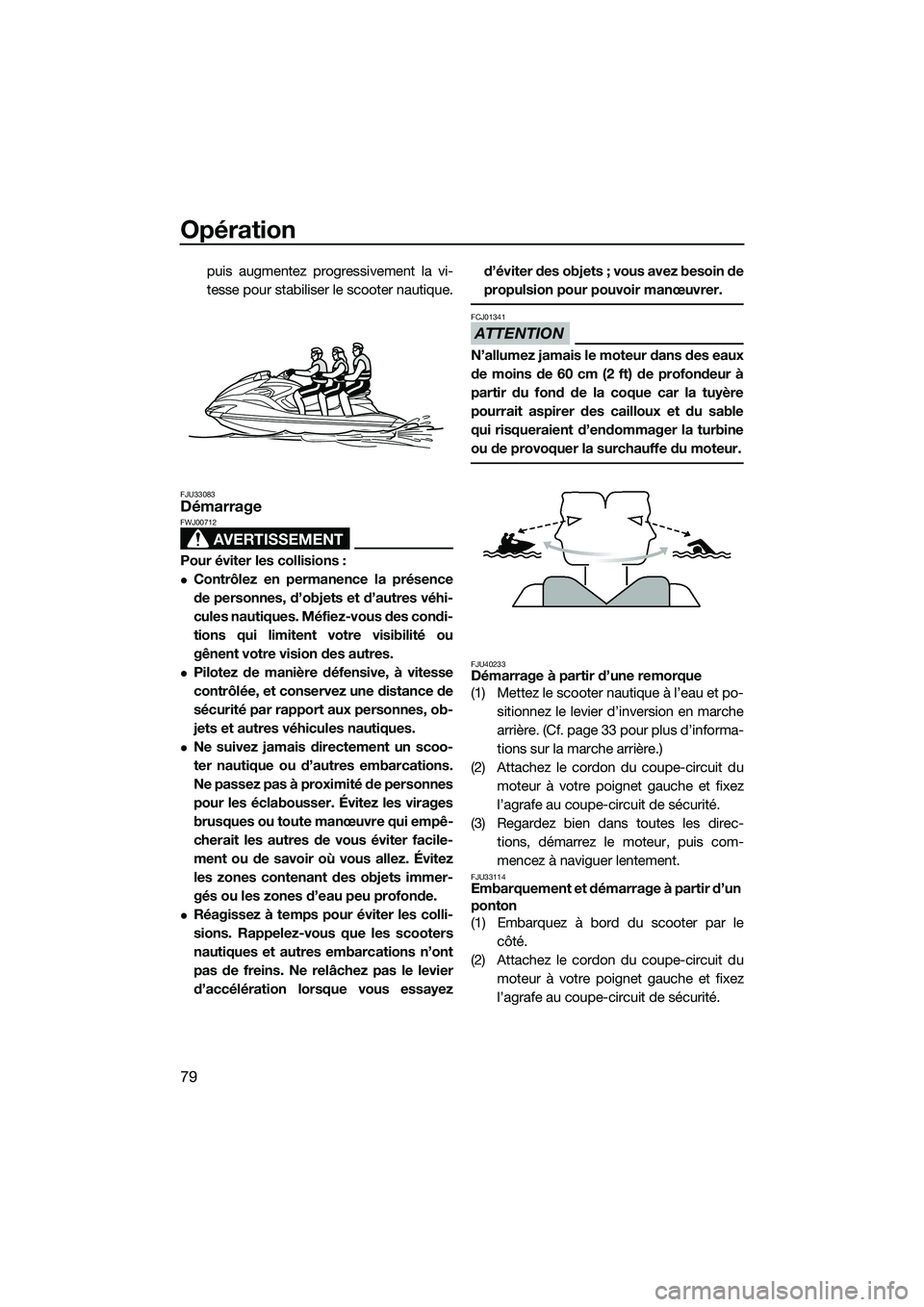 YAMAHA FZS SVHO 2014 Notices Demploi (in French) Opération
79
puis augmentez progressivement la vi-
tesse pour stabiliser le scooter nautique.
FJU33083Démarrage
AVERTISSEMENT
FWJ00712
Pour éviter les collisions :
Contrôlez en permanence la pr YAMAHA FZS SVHO 2014 Notices Demploi (in French) Opération
79
puis augmentez progressivement la vi-
tesse pour stabiliser le scooter nautique.
FJU33083Démarrage
AVERTISSEMENT
FWJ00712
Pour éviter les collisions :
Contrôlez en permanence la pr