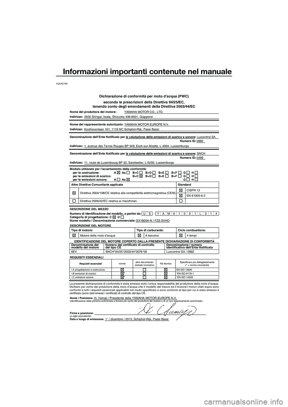 YAMAHA FZS SVHO 2014 Manuale duso (in Italian) Informazioni importanti contenute nel manuale
HJU42740
Dichiarazione di conformità per moto d’acqua (PWC)secondo le prescrizioni della Direttiva 94/25/EC,
tenendo conto degli emendamenti della Dire YAMAHA FZS SVHO 2014 Manuale duso (in Italian) Informazioni importanti contenute nel manuale
HJU42740
Dichiarazione di conformità per moto d’acqua (PWC)secondo le prescrizioni della Direttiva 94/25/EC,
tenendo conto degli emendamenti della Dire