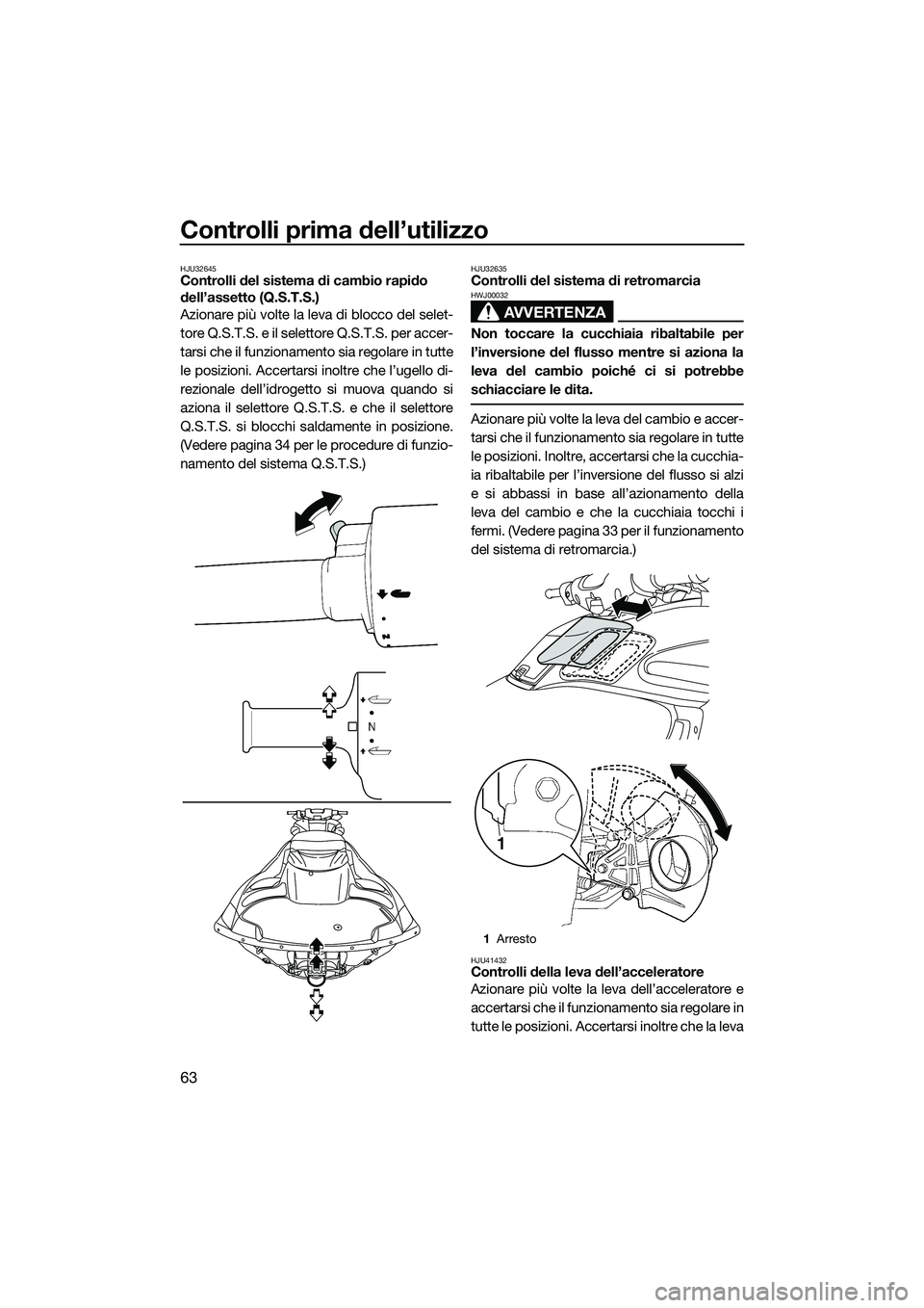 YAMAHA FZS SVHO 2014 Manuale duso (in Italian) Controlli prima dell’utilizzo
63
HJU32645Controlli del sistema di cambio rapido
dell’assetto (Q.S.T.S.)
Azionare più volte la leva di blocco del selet-
tore Q.S.T.S. e il selettore Q.S.T.S. per YAMAHA FZS SVHO 2014 Manuale duso (in Italian) Controlli prima dell’utilizzo
63
HJU32645Controlli del sistema di cambio rapido
dell’assetto (Q.S.T.S.)
Azionare più volte la leva di blocco del selet-
tore Q.S.T.S. e il selettore Q.S.T.S. per