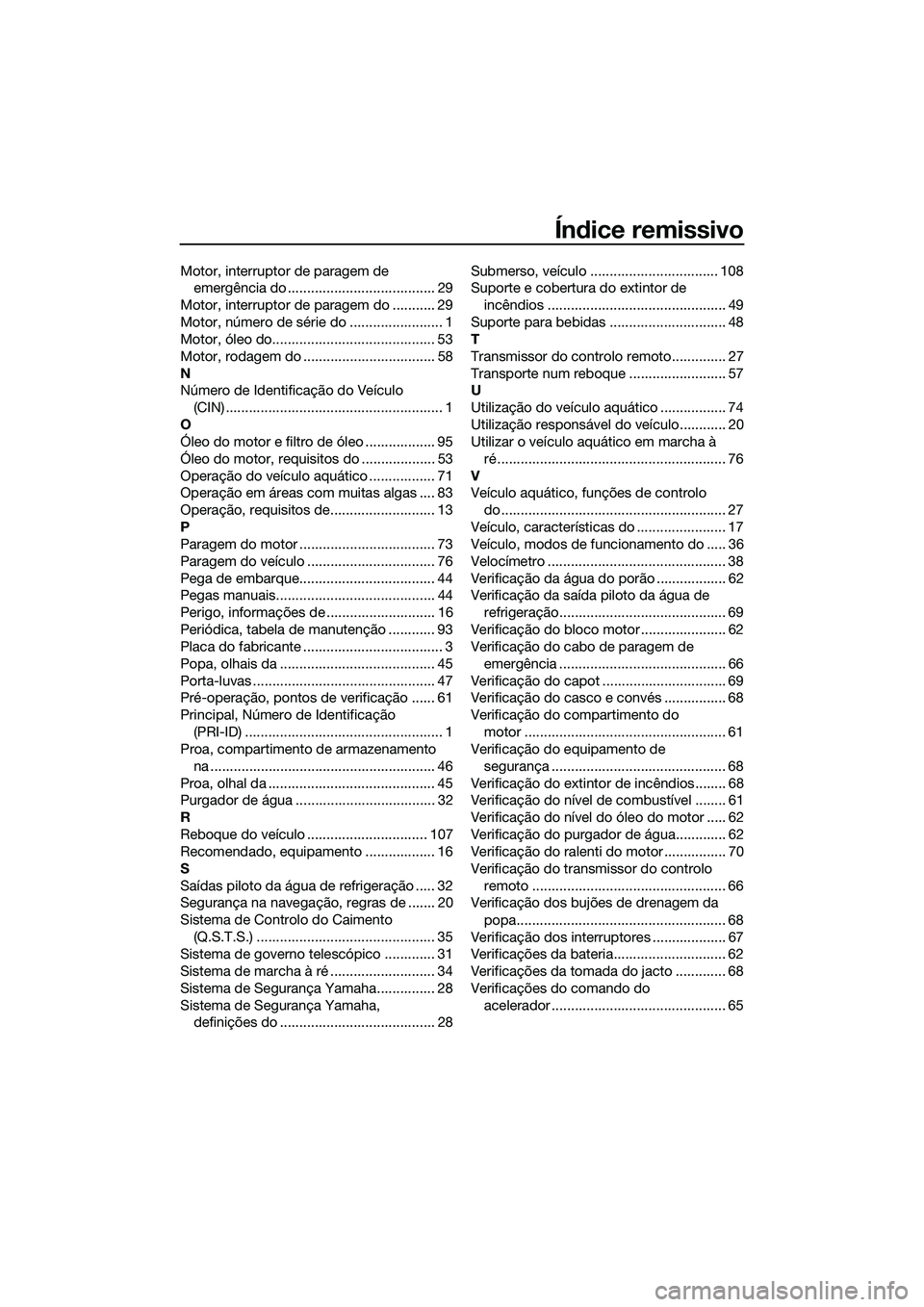 YAMAHA FZS SVHO 2014 Manual de utilização (in Portuguese) Índice remissivo
Motor, interruptor de paragem de emergência do ...................................... 29
Motor, interruptor de paragem do ........... 29
Motor, número de série do ................ YAMAHA FZS SVHO 2014 Manual de utilização (in Portuguese) Índice remissivo
Motor, interruptor de paragem de emergência do ...................................... 29
Motor, interruptor de paragem do ........... 29
Motor, número de série do ................