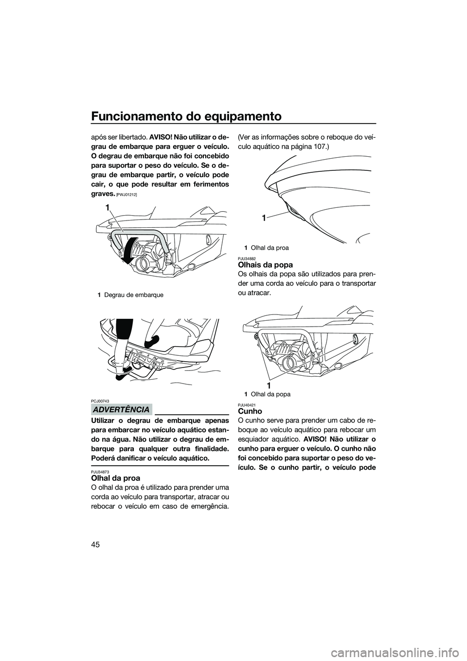 YAMAHA FZS SVHO 2014  Manual de utilização (in Portuguese) Funcionamento do equipamento
45
após ser libertado. AVISO! Não utilizar o de-
grau de embarque para erguer o veículo.
O degrau de embarque não foi concebido
para suportar o peso do veículo. Se o 