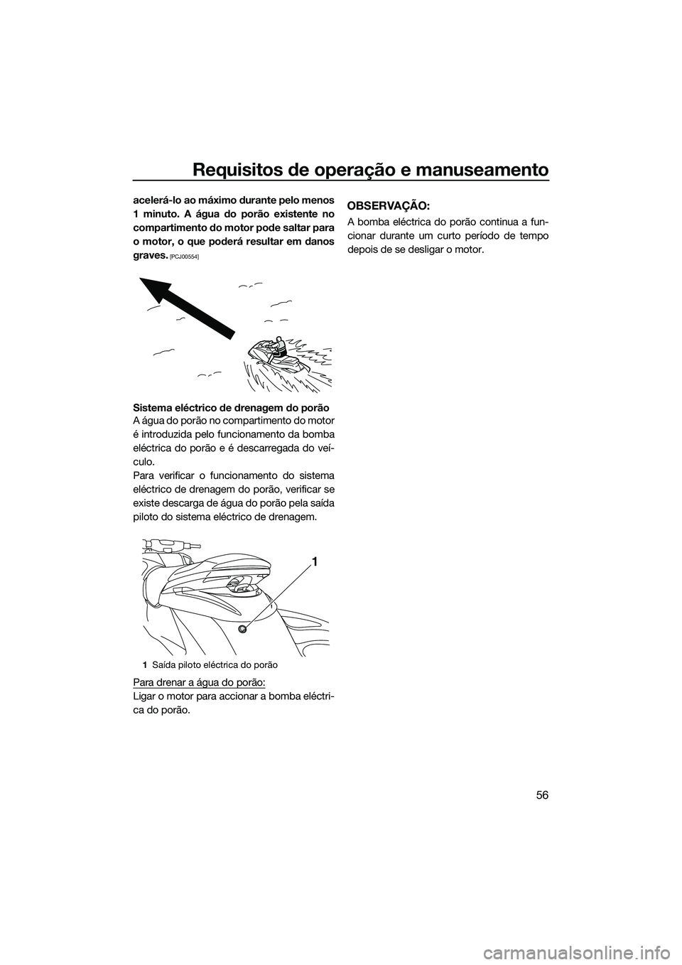 YAMAHA FZS SVHO 2014  Manual de utilização (in Portuguese) Requisitos de operação e manuseamento
56
acelerá-lo ao máximo durante pelo menos
1 minuto. A água do porão existente no
compartimento do motor pode saltar para
o motor, o que poderá resultar em
