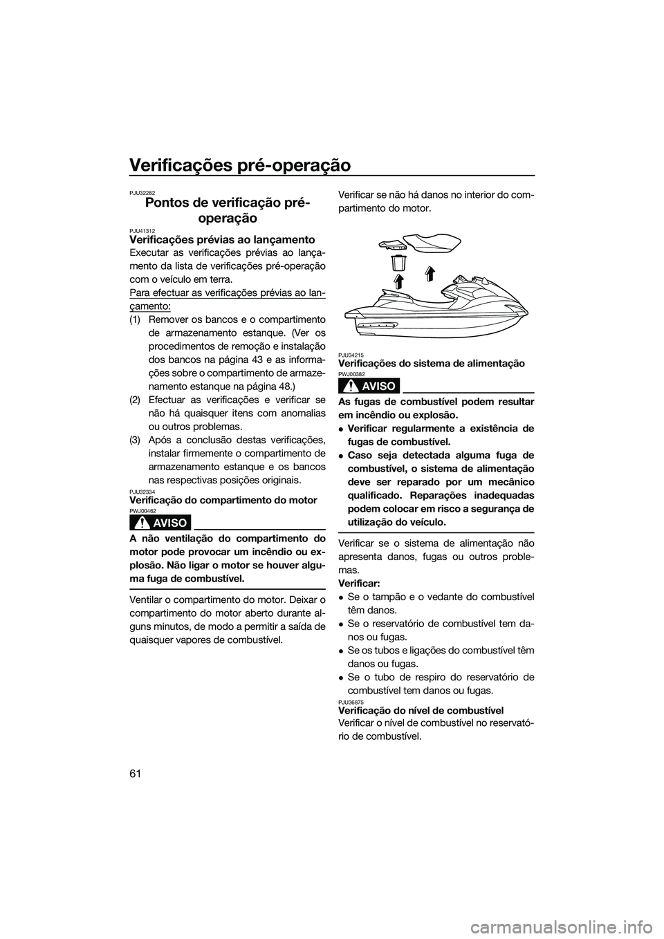 YAMAHA FZS SVHO 2014  Manual de utilização (in Portuguese) Verificações pré-operação
61
PJU32282
Pontos de verificação pré-operação
PJU41312Verificações prévias ao lançamento
Executar as verificações prévias ao lança-
mento da lista de verif