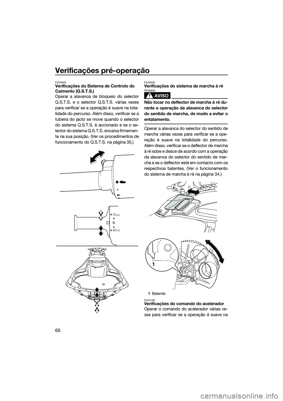 YAMAHA FZS SVHO 2014  Manual de utilização (in Portuguese) Verificações pré-operação
65
PJU32645Verificações do Sistema de Controlo do 
Caimento (Q.S.T.S.)
Operar a alavanca de bloqueio do selector
Q.S.T.S. e o selector Q.S.T.S. várias vezes
para veri