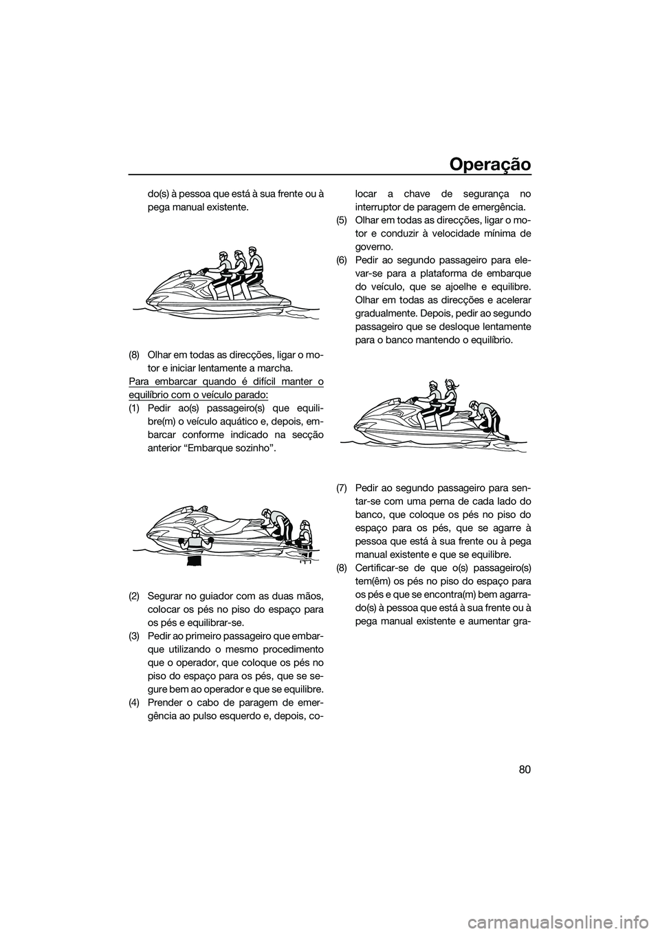 YAMAHA FZS SVHO 2014  Manual de utilização (in Portuguese) Operação
80
do(s) à pessoa que está à sua frente ou à
pega manual existente.
(8) Olhar em todas as direcções, ligar o mo- tor e iniciar lentamente a marcha.
Para embarcar quando é difícil ma