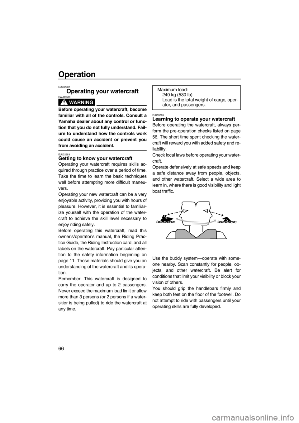 YAMAHA FZS SVHO 2013  Owners Manual Operation
66
EJU32902
Operating your watercraft 
WARNING
EWJ00510
Before operating your watercraft, become
familiar with all of the controls. Consult a
Yamaha dealer about any control or func-
tion th