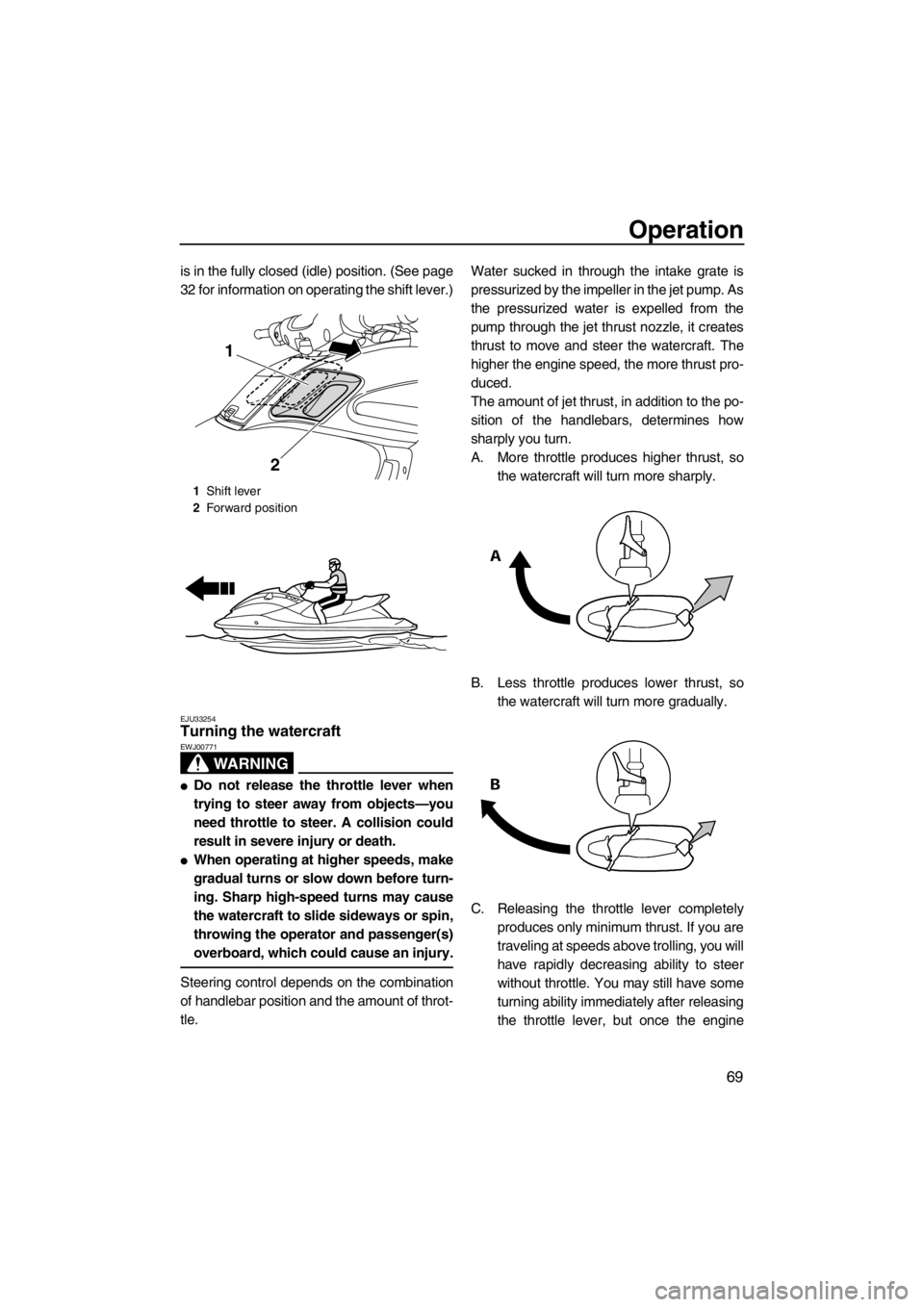 YAMAHA FZS SVHO 2013 Manual PDF Operation
69
is in the fully closed (idle) position. (See page
32 for information on operating the shift lever.)
EJU33254Turning the watercraft 
WARNING
EWJ00771
●Do not release the throttle lever w