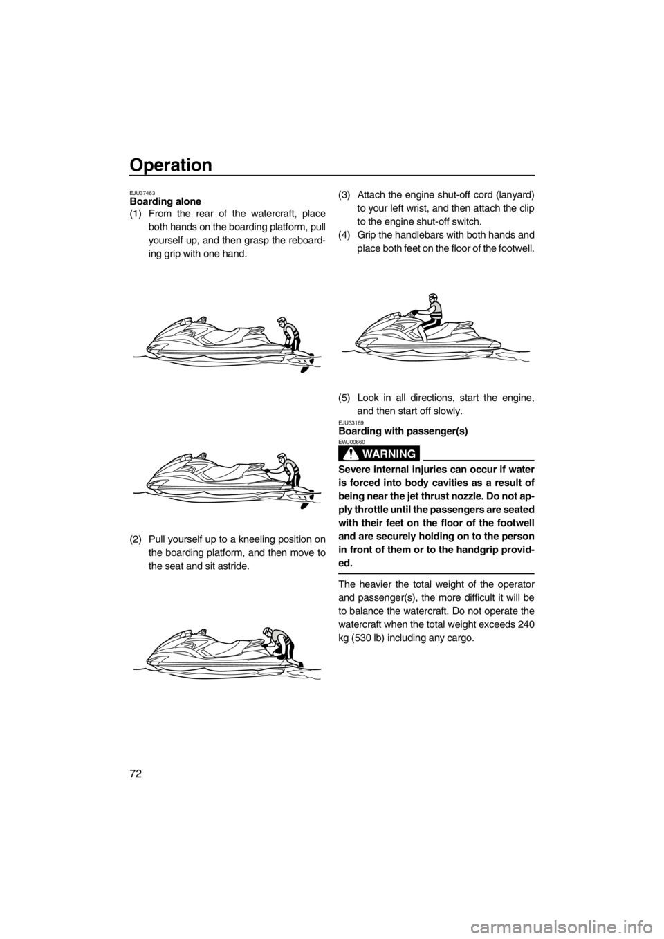 YAMAHA FZS SVHO 2013 Manual PDF Operation
72
EJU37463Boarding alone 
(1) From the rear of the watercraft, place
both hands on the boarding platform, pull
yourself up, and then grasp the reboard-
ing grip with one hand.
(2) Pull your