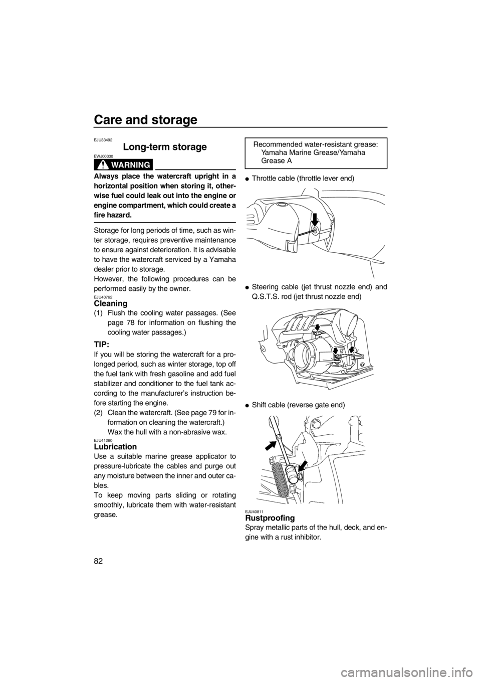 YAMAHA FZS SVHO 2013 Manual Online Care and storage
82
EJU33492
Long-term storage 
WARNING
EWJ00330
Always place the watercraft upright in a
horizontal position when storing it, other-
wise fuel could leak out into the engine or
engine