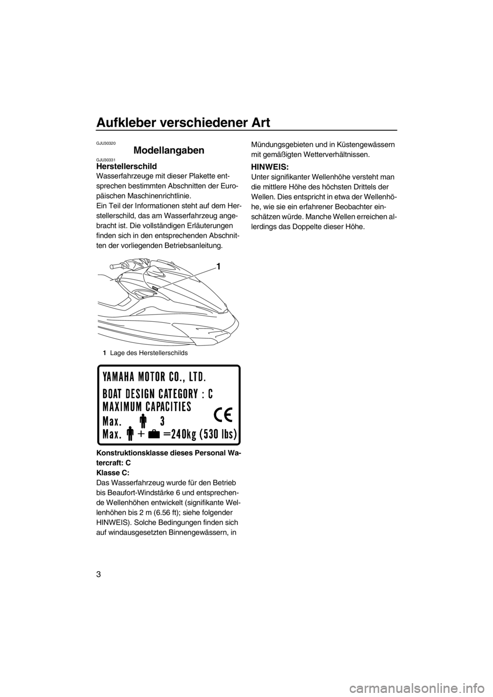 YAMAHA FZS SVHO 2013  Betriebsanleitungen (in German) Aufkleber verschiedener Art
3
GJU30320
Modellangaben GJU30331Herstellerschild 
Wasserfahrzeuge mit dieser Plakette ent-
sprechen bestimmten Abschnitten der Euro-
päischen Maschinenrichtlinie.
Ein Tei