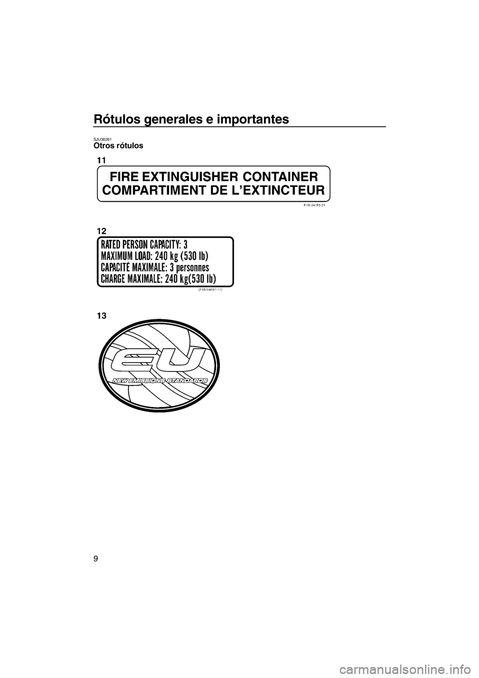 YAMAHA FZS SVHO 2013 Manuale de Empleo (in Spanish) Rótulos generales e importantes
9
SJU36261Otros rótulos
UF2C74S0.book Page 9 Tuesday, July 31, 2012 9:27 AM YAMAHA FZS SVHO 2013 Manuale de Empleo (in Spanish) Rótulos generales e importantes
9
SJU36261Otros rótulos
UF2C74S0.book Page 9 Tuesday, July 31, 2012 9:27 AM