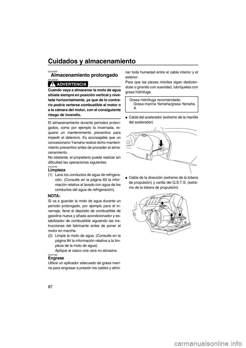 YAMAHA FZS SVHO 2013 Manuale de Empleo (in Spanish) Cuidados y almacenamiento
87
SJU33492
Almacenamiento prolongado
ADVERTENCIA
SWJ00330
Cuando vaya a almacenar la moto de agua
sitúela siempre en posición vertical y nive-
lada horizontalmente, ya qu YAMAHA FZS SVHO 2013 Manuale de Empleo (in Spanish) Cuidados y almacenamiento
87
SJU33492
Almacenamiento prolongado
ADVERTENCIA
SWJ00330
Cuando vaya a almacenar la moto de agua
sitúela siempre en posición vertical y nive-
lada horizontalmente, ya qu
