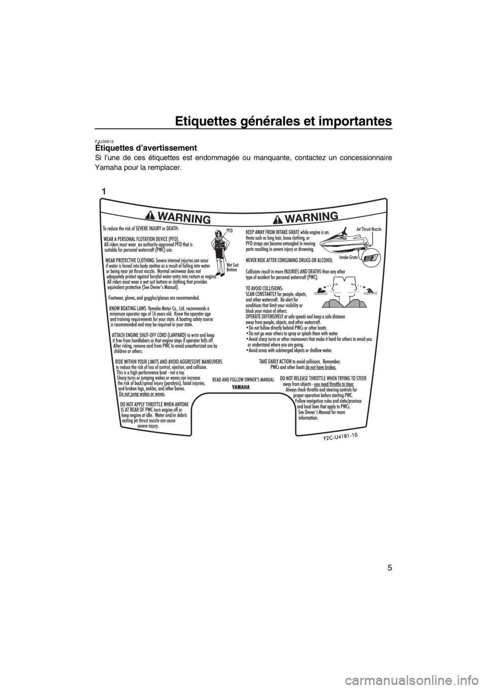 YAMAHA FZS SVHO 2013 Notices Demploi (in French) Etiquettes générales et importantes
5
FJU35913Étiquettes d’avertissement
Si l’une de ces étiquettes est endommagée ou manquante, contactez un concessionnaire
Yamaha pour la remplacer.
1
UF2C YAMAHA FZS SVHO 2013 Notices Demploi (in French) Etiquettes générales et importantes
5
FJU35913Étiquettes d’avertissement
Si l’une de ces étiquettes est endommagée ou manquante, contactez un concessionnaire
Yamaha pour la remplacer.
1
UF2C