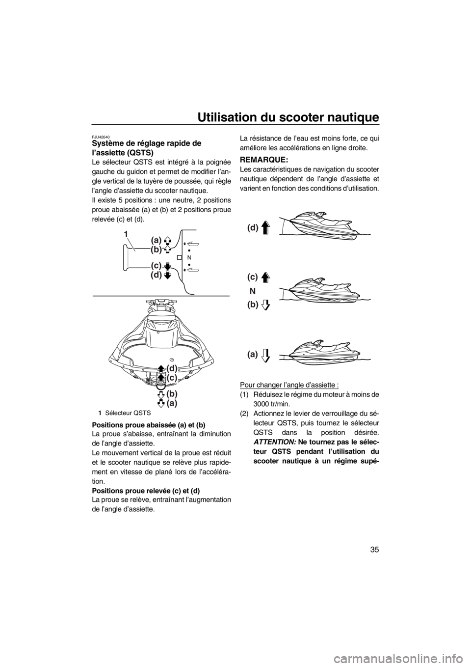 YAMAHA FZS SVHO 2013 Notices Demploi (in French) Utilisation du scooter nautique
35
FJU42640Système de réglage rapide de
l’assiette (QSTS)
Le sélecteur QSTS est intégré à la poignée
gauche du guidon et permet de modifier l’an-
gle verti YAMAHA FZS SVHO 2013 Notices Demploi (in French) Utilisation du scooter nautique
35
FJU42640Système de réglage rapide de
l’assiette (QSTS)
Le sélecteur QSTS est intégré à la poignée
gauche du guidon et permet de modifier l’an-
gle verti