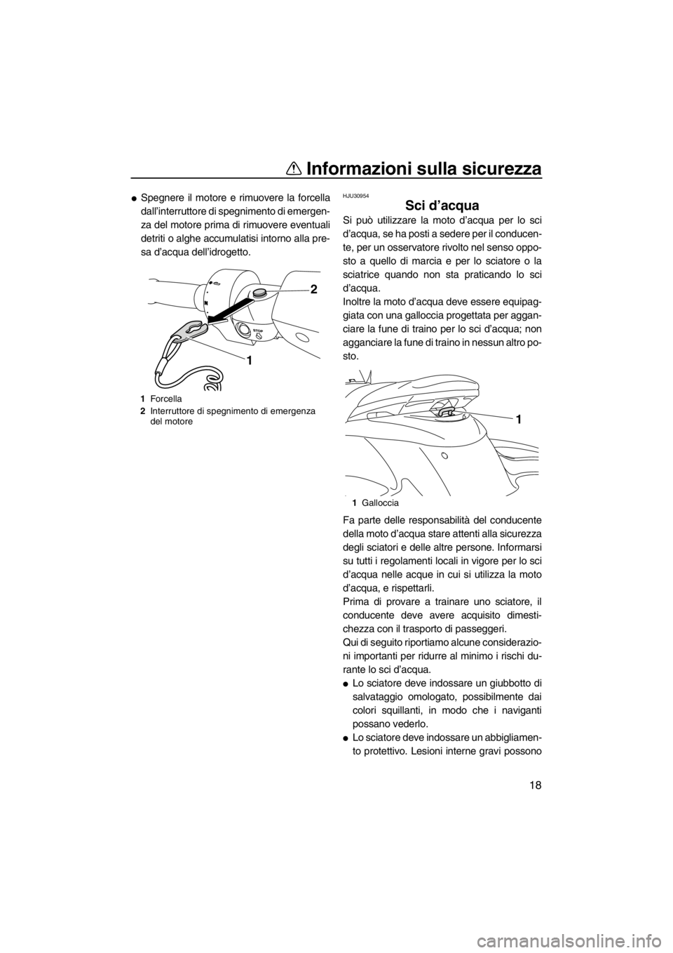 YAMAHA FZS SVHO 2013  Manuale duso (in Italian) Informazioni sulla sicurezza
18
●Spegnere il motore e rimuovere la forcella
dall’interruttore di spegnimento di emergen-
za del motore prima di rimuovere eventuali
detriti o alghe accumulatisi int