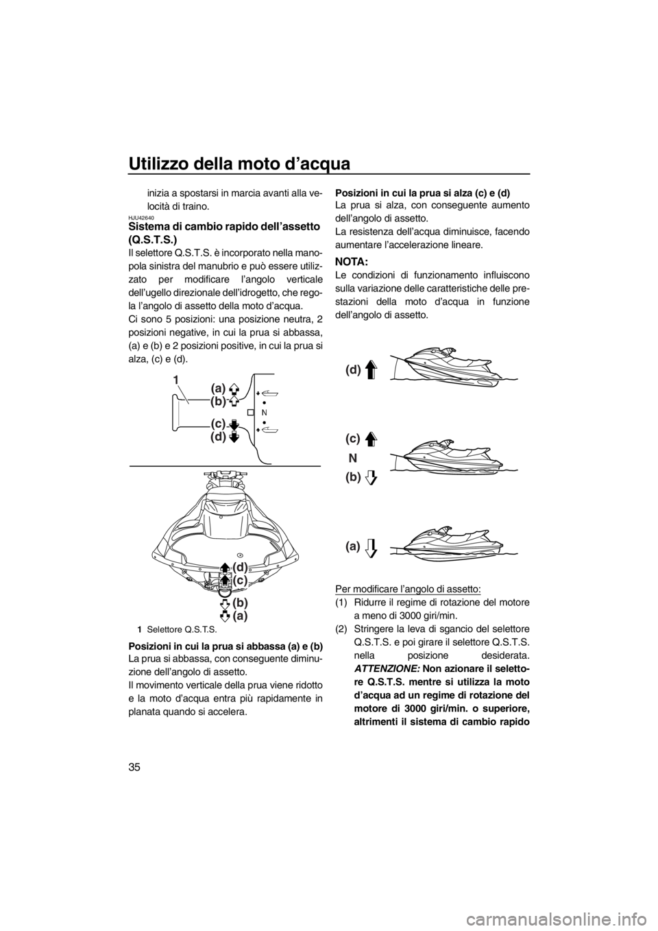 YAMAHA FZS SVHO 2013  Manuale duso (in Italian) Utilizzo della moto d’acqua
35
inizia a spostarsi in marcia avanti alla ve-
locità di traino.
HJU42640Sistema di cambio rapido dell’assetto 
(Q.S.T.S.) 
Il selettore Q.S.T.S. è incorporato nella