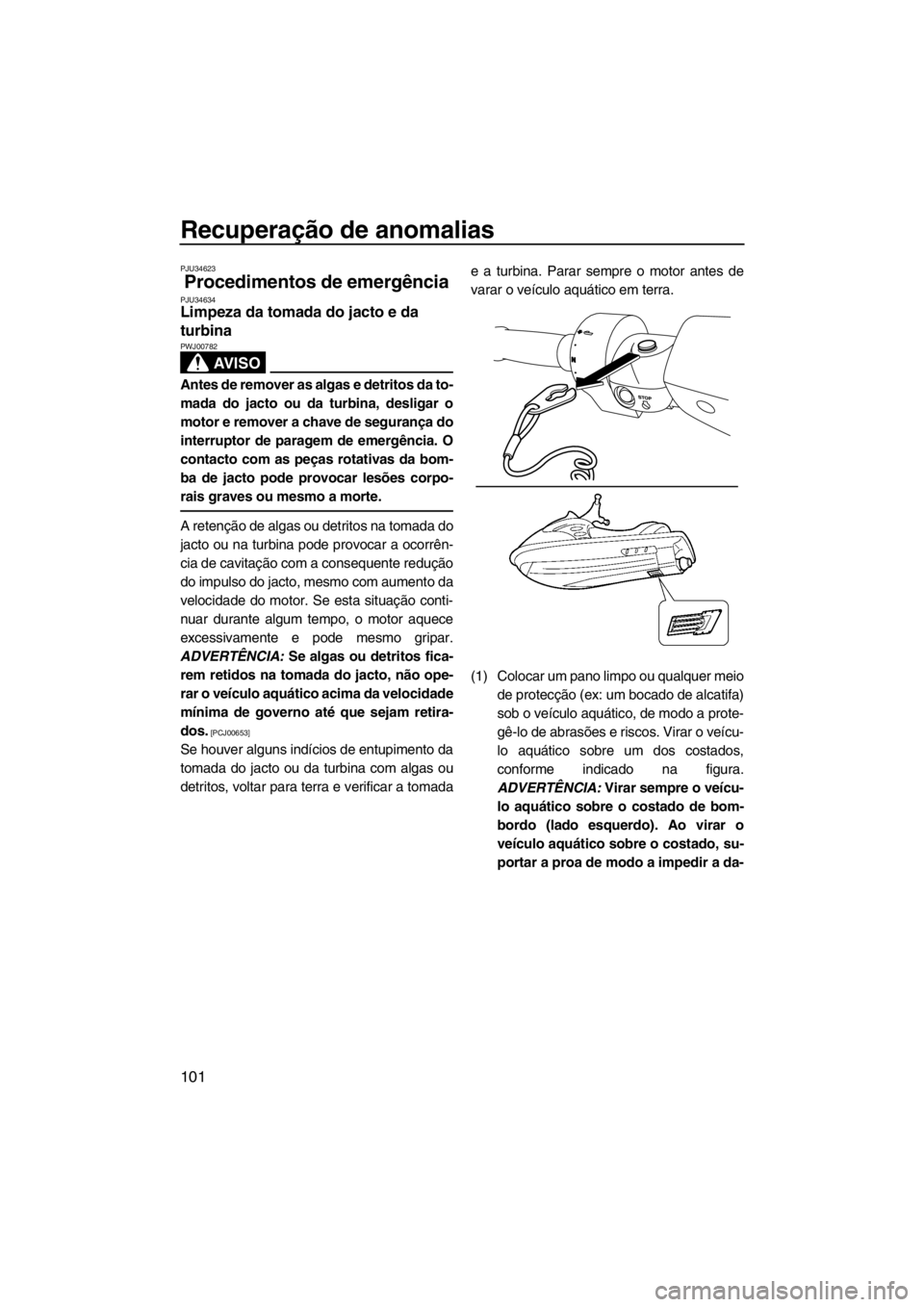 YAMAHA FZS SVHO 2013 Manual de utilização (in Portuguese) Recuperação de anomalias
101
PJU34623
Procedimentos de emergência PJU34634Limpeza da tomada do jacto e da
turbina
AV I S O
PWJ00782
Antes de remover as algas e detritos da to-
mada do jacto ou da YAMAHA FZS SVHO 2013 Manual de utilização (in Portuguese) Recuperação de anomalias
101
PJU34623
Procedimentos de emergência PJU34634Limpeza da tomada do jacto e da
turbina
AV I S O
PWJ00782
Antes de remover as algas e detritos da to-
mada do jacto ou da