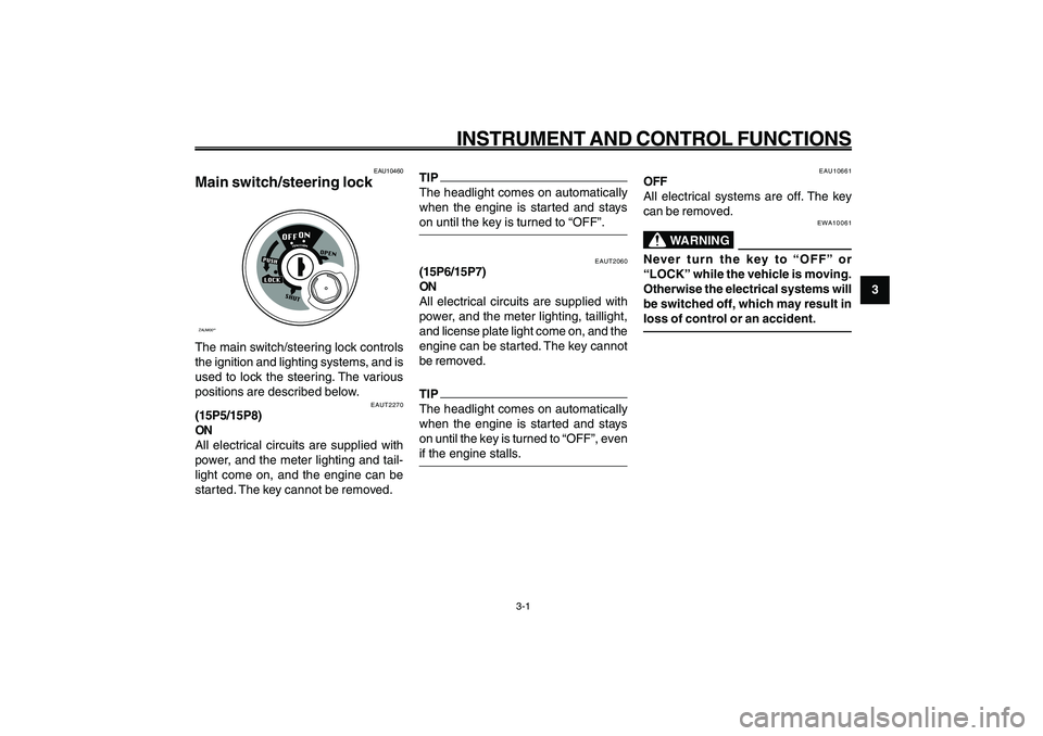 YAMAHA GIGGLE50 2009 User Guide 3-17
1
2
3
4
5
6
7
8
9
EAU1044E
INSTRUMENT AND CONTROL FUNCTIONS
3-1
Main switch/steering lock<IXE>
EAU10460
Main switch/steering lockZAUM00**The main switch/steering lock controls
the ignition and li YAMAHA GIGGLE50 2009 User Guide 3-17
1
2
3
4
5
6
7
8
9
EAU1044E
INSTRUMENT AND CONTROL FUNCTIONS
3-1
Main switch/steering lock<IXE>
EAU10460
Main switch/steering lockZAUM00**The main switch/steering lock controls
the ignition and li
