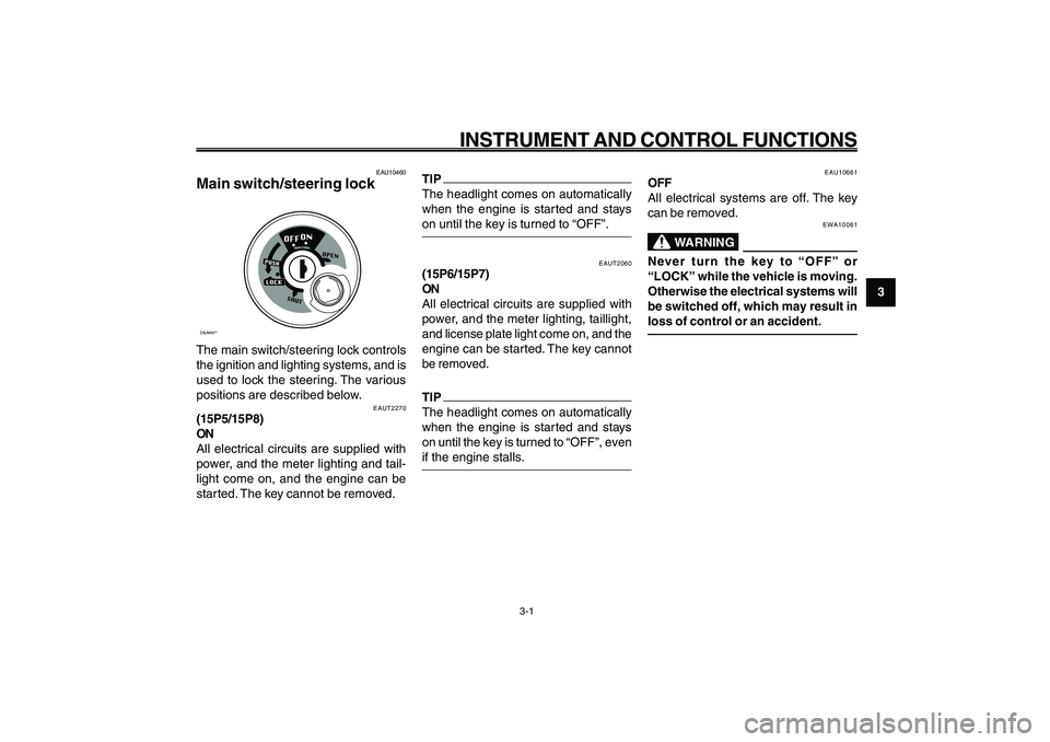 YAMAHA GIGGLE50 2009  Owners Manual 3-17
1
2
3
4
5
6
7
8
9
EAU1044E
INSTRUMENT AND CONTROL FUNCTIONS
3-1
Main switch/steering lock<IXE>
EAU10460
Main switch/steering lockZAUM00**The main switch/steering lock controls
the ignition and li