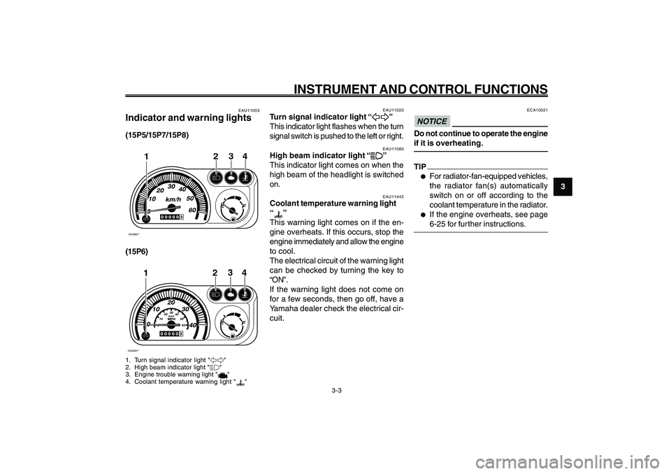 YAMAHA GIGGLE50 2009 User Guide 3-19
1
2
3
4
5
6
7
8
9
EAU1044E
INSTRUMENT AND CONTROL FUNCTIONS
EAU11020
Turn signal indicator light “
5 55 5
5”
This indicator light flashes when the turn
signal switch is pushed to the left or YAMAHA GIGGLE50 2009 User Guide 3-19
1
2
3
4
5
6
7
8
9
EAU1044E
INSTRUMENT AND CONTROL FUNCTIONS
EAU11020
Turn signal indicator light “
5 55 5
5”
This indicator light flashes when the turn
signal switch is pushed to the left or