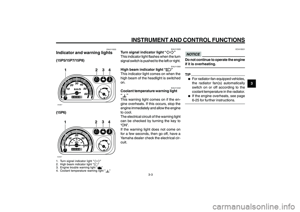 YAMAHA GIGGLE50 2009  Owners Manual 3-19
1
2
3
4
5
6
7
8
9
EAU1044E
INSTRUMENT AND CONTROL FUNCTIONS
EAU11020
Turn signal indicator light “
5 55 5
5”
This indicator light flashes when the turn
signal switch is pushed to the left or 