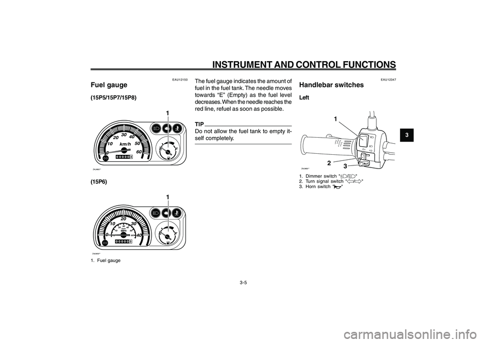 YAMAHA GIGGLE50 2009 Owners Manual 3-21
1
2
3
4
5
6
7
8
9
EAU1044E
INSTRUMENT AND CONTROL FUNCTIONS
3-5
The fuel gauge indicates the amount of
fuel in the fuel tank. The needle moves
towards “E” (Empty) as the fuel level
decreases. YAMAHA GIGGLE50 2009 Owners Manual 3-21
1
2
3
4
5
6
7
8
9
EAU1044E
INSTRUMENT AND CONTROL FUNCTIONS
3-5
The fuel gauge indicates the amount of
fuel in the fuel tank. The needle moves
towards “E” (Empty) as the fuel level
decreases.