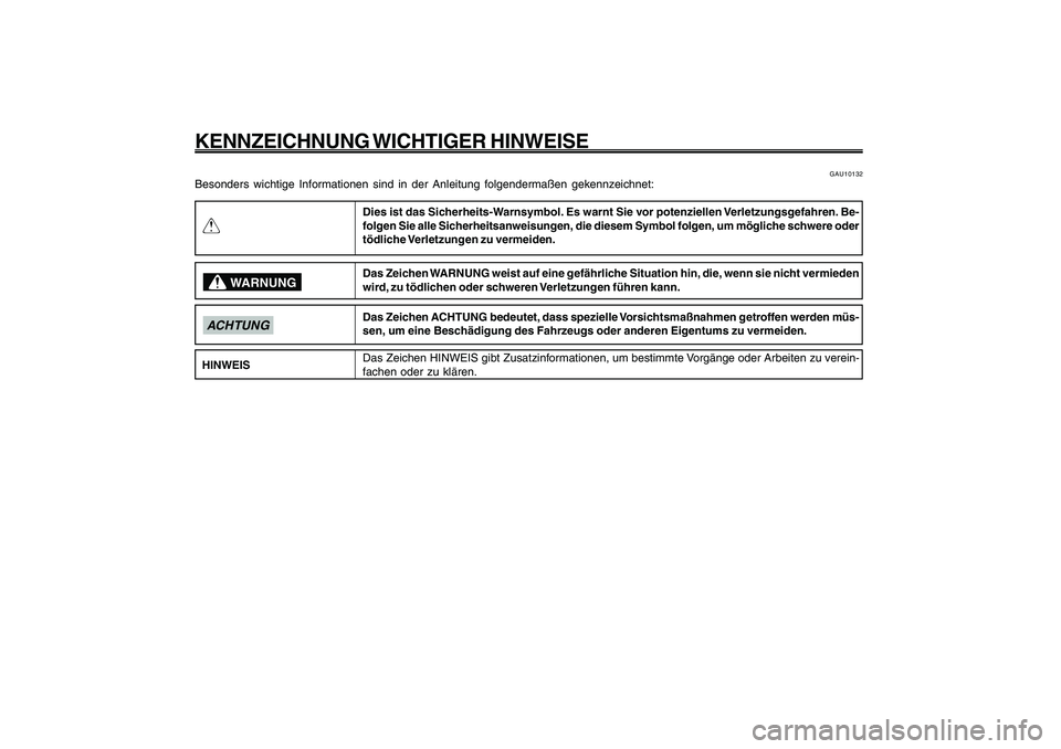 YAMAHA GIGGLE50 2009 Betriebsanleitungen (in German) 1
2
3
4
5
6
7
8
9
Q
GAU10122
KENNZEICHNUNG WICHTIGER HINWEISE
GAU10132
Besonders wichtige Informationen sind in der Anleitung folgendermaßen gekennzeichnet:
Dies ist das Sicherheits-Warnsymbol. Es w YAMAHA GIGGLE50 2009 Betriebsanleitungen (in German) 1
2
3
4
5
6
7
8
9
Q
GAU10122
KENNZEICHNUNG WICHTIGER HINWEISE
GAU10132
Besonders wichtige Informationen sind in der Anleitung folgendermaßen gekennzeichnet:
Dies ist das Sicherheits-Warnsymbol. Es w