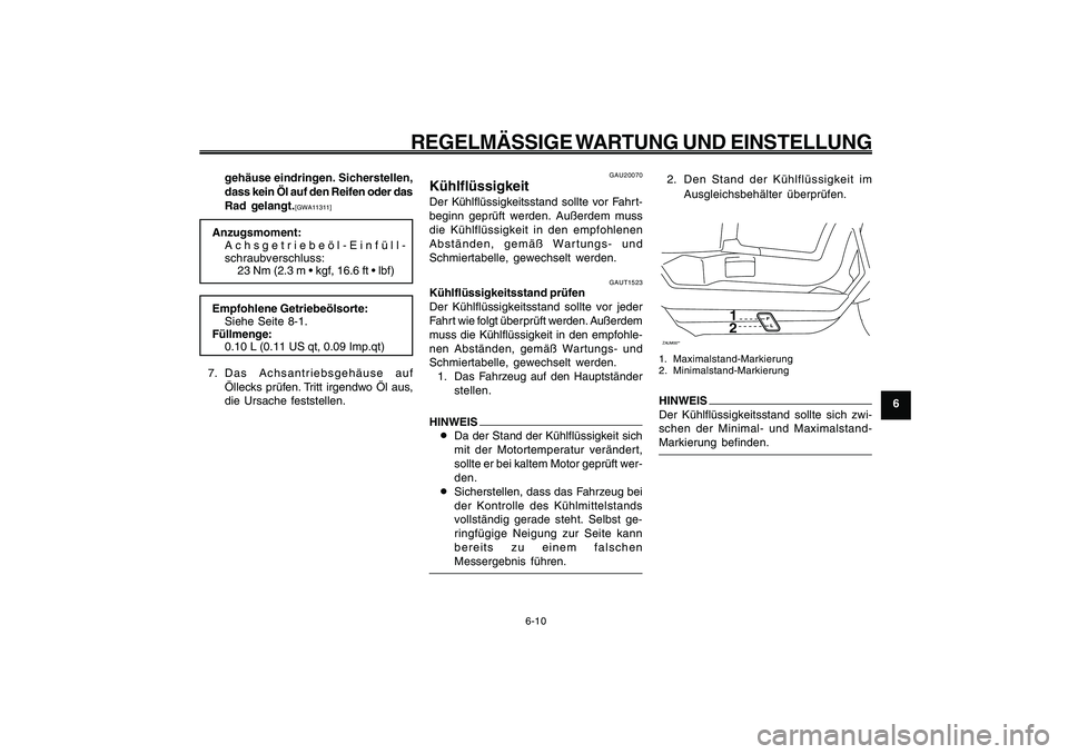 YAMAHA GIGGLE50 2009  Betriebsanleitungen (in German) 6-45
1
2
3
4
5
6
7
8
9
GAU1722A
REGELMÄSSIGE WARTUNG  UND  EINSTELLUNG
6-10
gehäuse eindringen. Sicherstellen,
dass kein Öl auf den Reifen oder das
Rad gelangt.
[GWA11311]
Anzugsmoment:
Achsgetrieb