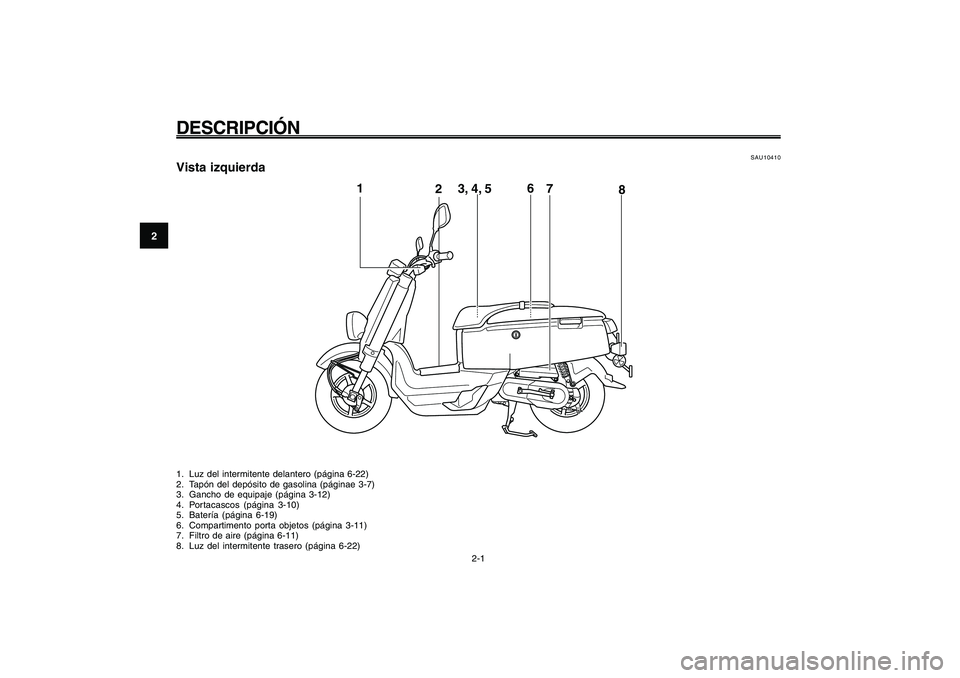 YAMAHA GIGGLE50 2009 Manuale de Empleo (in Spanish) 2-14
1
2
3
4
5
6
7
8
9
SAU10401
DESCRIPCIÓN
2-1
Situación de las piezas<IXE>
1
23, 4, 56
8
7
SAU10401
DESCRIPCIÓN
SAU10410
Vista izquierda1. Luz del intermitente delantero (página 6-22)
2. Tapón YAMAHA GIGGLE50 2009 Manuale de Empleo (in Spanish) 2-14
1
2
3
4
5
6
7
8
9
SAU10401
DESCRIPCIÓN
2-1
Situación de las piezas<IXE>
1
23, 4, 56
8
7
SAU10401
DESCRIPCIÓN
SAU10410
Vista izquierda1. Luz del intermitente delantero (página 6-22)
2. Tapón