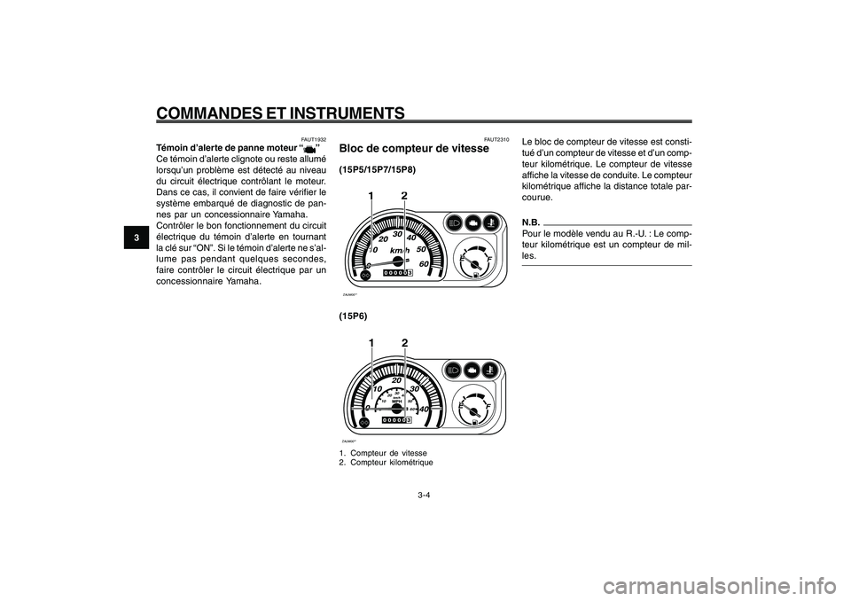 YAMAHA GIGGLE50 2009 Notices Demploi (in French) 3-20
1
2
3
4
5
6
7
8
9
FAU1044E
COMMANDES ET INSTRUMENTS
3-4
FAUT2310
Bloc de compteur de vitesse(15P5/15P7/15P8)ZAUM00**
2
1
(15P6)ZAUM00**
2
0102030
40
50
60
1
1. Compteur de vitesse
2. Compteur kil YAMAHA GIGGLE50 2009 Notices Demploi (in French) 3-20
1
2
3
4
5
6
7
8
9
FAU1044E
COMMANDES ET INSTRUMENTS
3-4
FAUT2310
Bloc de compteur de vitesse(15P5/15P7/15P8)ZAUM00**
2
1
(15P6)ZAUM00**
2
0102030
40
50
60
1
1. Compteur de vitesse
2. Compteur kil