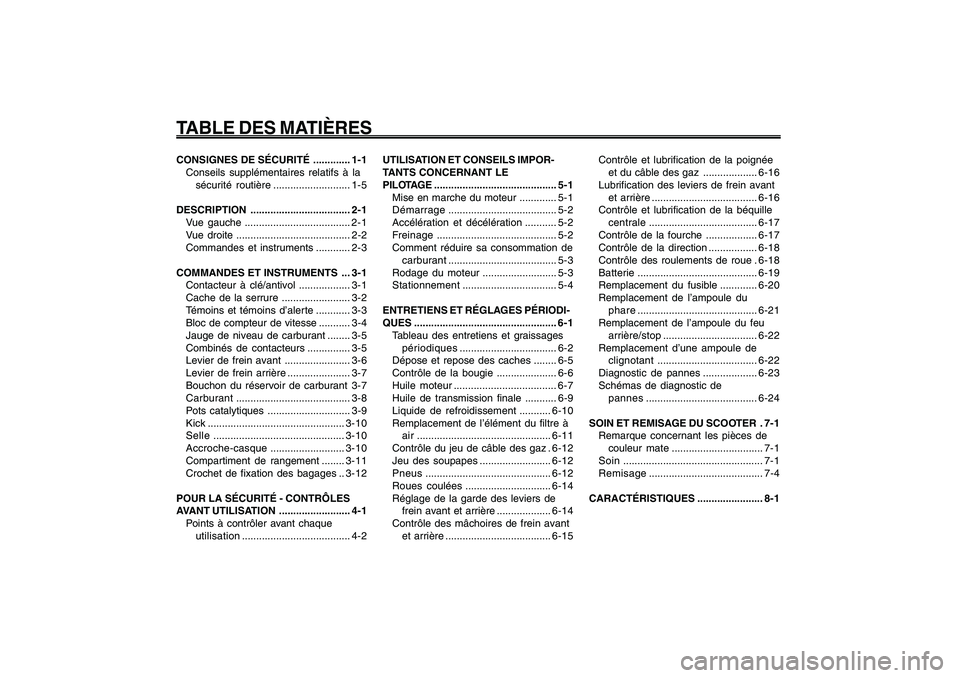 YAMAHA GIGGLE50 2009  Notices Demploi (in French) 1
2
3
4
5
6
7
8
9CONSIGNES DE SÉCURITÉ ............. 1-1
Conseils supplémentaires relatifs à la
sécurité routière........................... 1-5
DESCRIPTION ................................... 