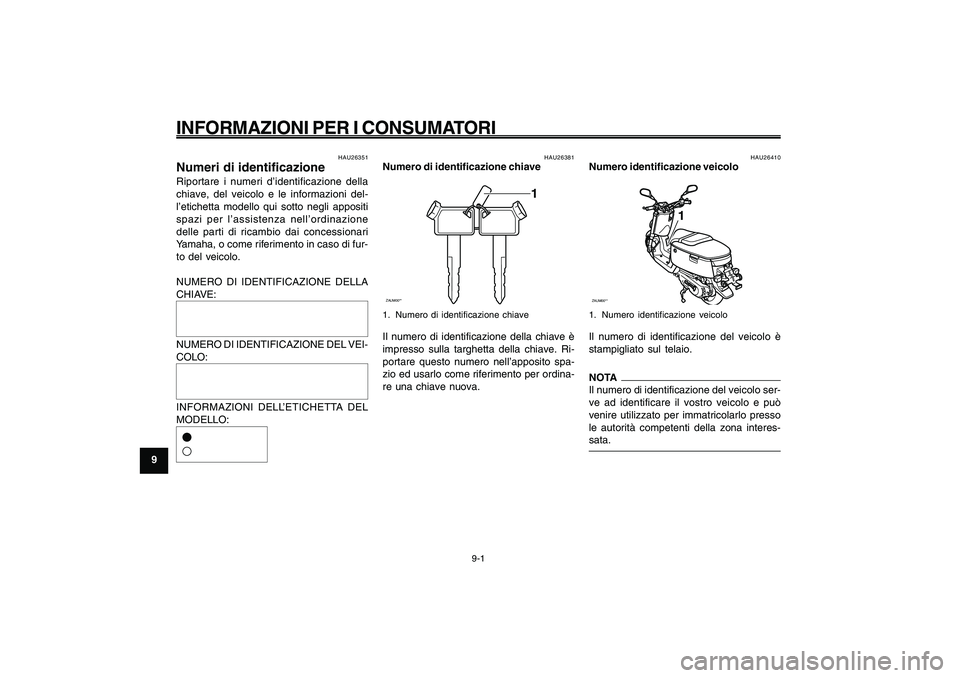 YAMAHA GIGGLE50 2009 Manuale duso (in Italian) 9-68
1
2
3
4
5
6
7
8
9
HAU26343
INFORMAZIONI PER I CONSUMATORINumeri di identificazione<IXE>
Numero di identificazione chiave<IXE>
Numero identificazione veicolo<IXE>
9-1
HAU26343
INFORMAZIONI PER I C YAMAHA GIGGLE50 2009 Manuale duso (in Italian) 9-68
1
2
3
4
5
6
7
8
9
HAU26343
INFORMAZIONI PER I CONSUMATORINumeri di identificazione<IXE>
Numero di identificazione chiave<IXE>
Numero identificazione veicolo<IXE>
9-1
HAU26343
INFORMAZIONI PER I C