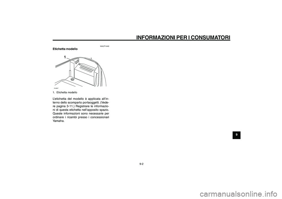 YAMAHA GIGGLE50 2009 Manuale duso (in Italian) 9-69
1
2
3
4
5
6
7
8
9
HAU26343
INFORMAZIONI PER I CONSUMATORI
Etichetta modello<IXE>
9-2
HAUT1440
Etichetta modelloZAUM00**
1
1. Etichetta modelloL’etichetta del modello è applicata all’in-
tern YAMAHA GIGGLE50 2009 Manuale duso (in Italian) 9-69
1
2
3
4
5
6
7
8
9
HAU26343
INFORMAZIONI PER I CONSUMATORI
Etichetta modello<IXE>
9-2
HAUT1440
Etichetta modelloZAUM00**
1
1. Etichetta modelloL’etichetta del modello è applicata all’in-
tern