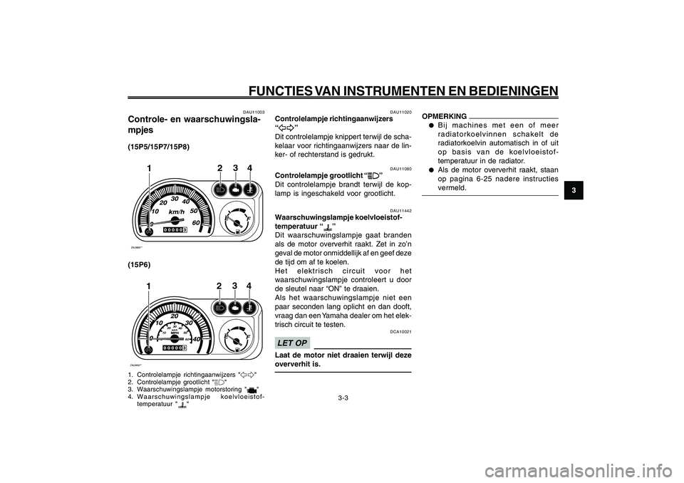 YAMAHA GIGGLE50 2009  Instructieboekje (in Dutch) 3-19
1
2
3
4
5
6
7
8
9
DAU1044E
FUNCTIES VAN INSTRUMENTEN EN BEDIENINGEN
Controle- en waarschuwingslampjes<IXE>
Controlelampje richtingaanwijzers<IXE>
Controlelampje grootlicht<IXE>
Waarschuwingslampj