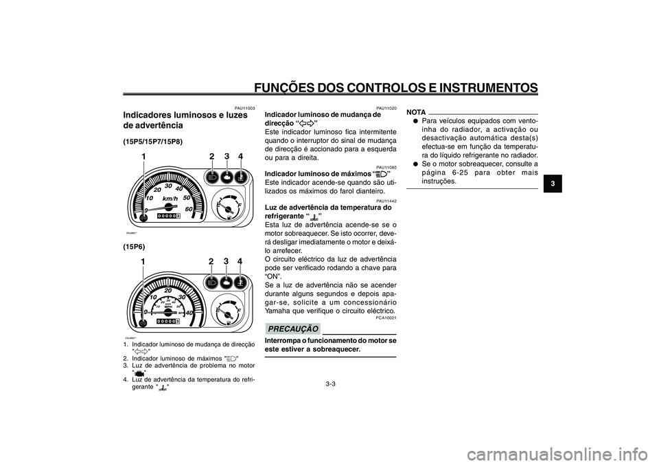 YAMAHA GIGGLE50 2009 Manual de utilização (in Portuguese) 3-19
1
2
3
4
5
6
7
8
9
PAU1044E
FUNÇÕES DOS CONTROLOS E INSTRUMENTOS
PAU11080
Indicador luminoso de máximos “
& && &
&”
Este indicador acende-se quando são uti-
lizados os máximos do farol di YAMAHA GIGGLE50 2009 Manual de utilização (in Portuguese) 3-19
1
2
3
4
5
6
7
8
9
PAU1044E
FUNÇÕES DOS CONTROLOS E INSTRUMENTOS
PAU11080
Indicador luminoso de máximos “
& && &
&”
Este indicador acende-se quando são uti-
lizados os máximos do farol di