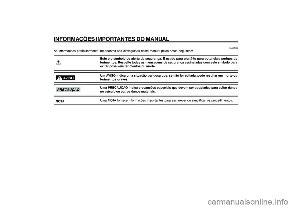 YAMAHA GIGGLE50 2009 Manual de utilização (in Portuguese) 1
2
3
4
5
6
7
8
9
Q
PAU10122
INFORMAÇÕES IMPORTANTES DO MANUAL
PAU10132
As informações particularmente importantes são distinguidas neste manual pelas notas seguintes:
Este é o símbolo de alert YAMAHA GIGGLE50 2009 Manual de utilização (in Portuguese) 1
2
3
4
5
6
7
8
9
Q
PAU10122
INFORMAÇÕES IMPORTANTES DO MANUAL
PAU10132
As informações particularmente importantes são distinguidas neste manual pelas notas seguintes:
Este é o símbolo de alert