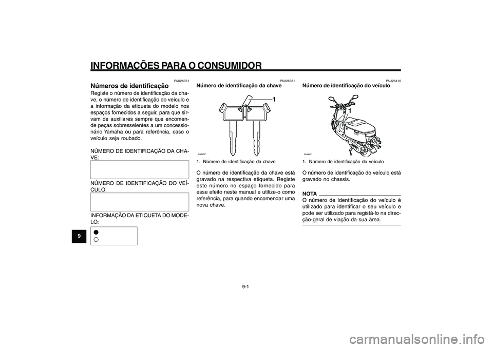 YAMAHA GIGGLE50 2009 Manual de utilização (in Portuguese) 9-68
1
2
3
4
5
6
7
8
9
PAU26343
INFORMAÇÕES PARA O CONSUMIDORNúmeros de identificação<IXE>
Número de identificação da chave<IXE>
Número de identificação do veículo<IXE>
9-1
PAU26343
INFORM YAMAHA GIGGLE50 2009 Manual de utilização (in Portuguese) 9-68
1
2
3
4
5
6
7
8
9
PAU26343
INFORMAÇÕES PARA O CONSUMIDORNúmeros de identificação<IXE>
Número de identificação da chave<IXE>
Número de identificação do veículo<IXE>
9-1
PAU26343
INFORM