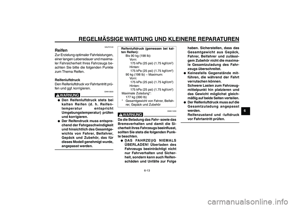 YAMAHA GIGGLE50 2007  Betriebsanleitungen (in German) 6-13
1
2
3
4
5
6
7
8
9
GAU17226
REGELMÄSSIGE WARTUNG UND KLEINERE REPARATUREN
Reifen<IXE>
GAUT2140
ReifenZur Erzielung optimaler Fahrleistungen,
einer langen Lebensdauer und maxima-
ler Fahrsicherhei