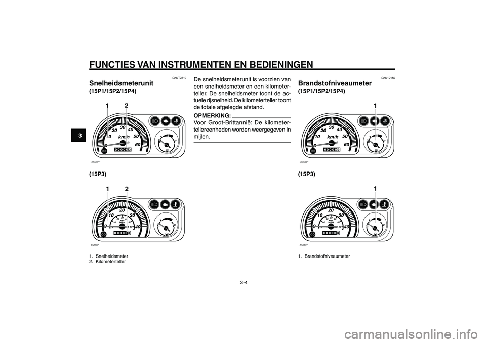 YAMAHA GIGGLE50 2007 Instructieboekje (in Dutch) 3-4
1
2
3
4
5
6
7
8
9
DAU1044D
FUNCTIES VAN INSTRUMENTEN EN BEDIENINGENSnelheidsmeterunit<IXE>
Brandstofniveaumeter<IXE>
DAUT2310
Snelheidsmeterunit(15P1/15P2/15P4)ZAUM00**
2
1
(15P3)ZAUM00**
2
010203 YAMAHA GIGGLE50 2007 Instructieboekje (in Dutch) 3-4
1
2
3
4
5
6
7
8
9
DAU1044D
FUNCTIES VAN INSTRUMENTEN EN BEDIENINGENSnelheidsmeterunit<IXE>
Brandstofniveaumeter<IXE>
DAUT2310
Snelheidsmeterunit(15P1/15P2/15P4)ZAUM00**
2
1
(15P3)ZAUM00**
2
010203